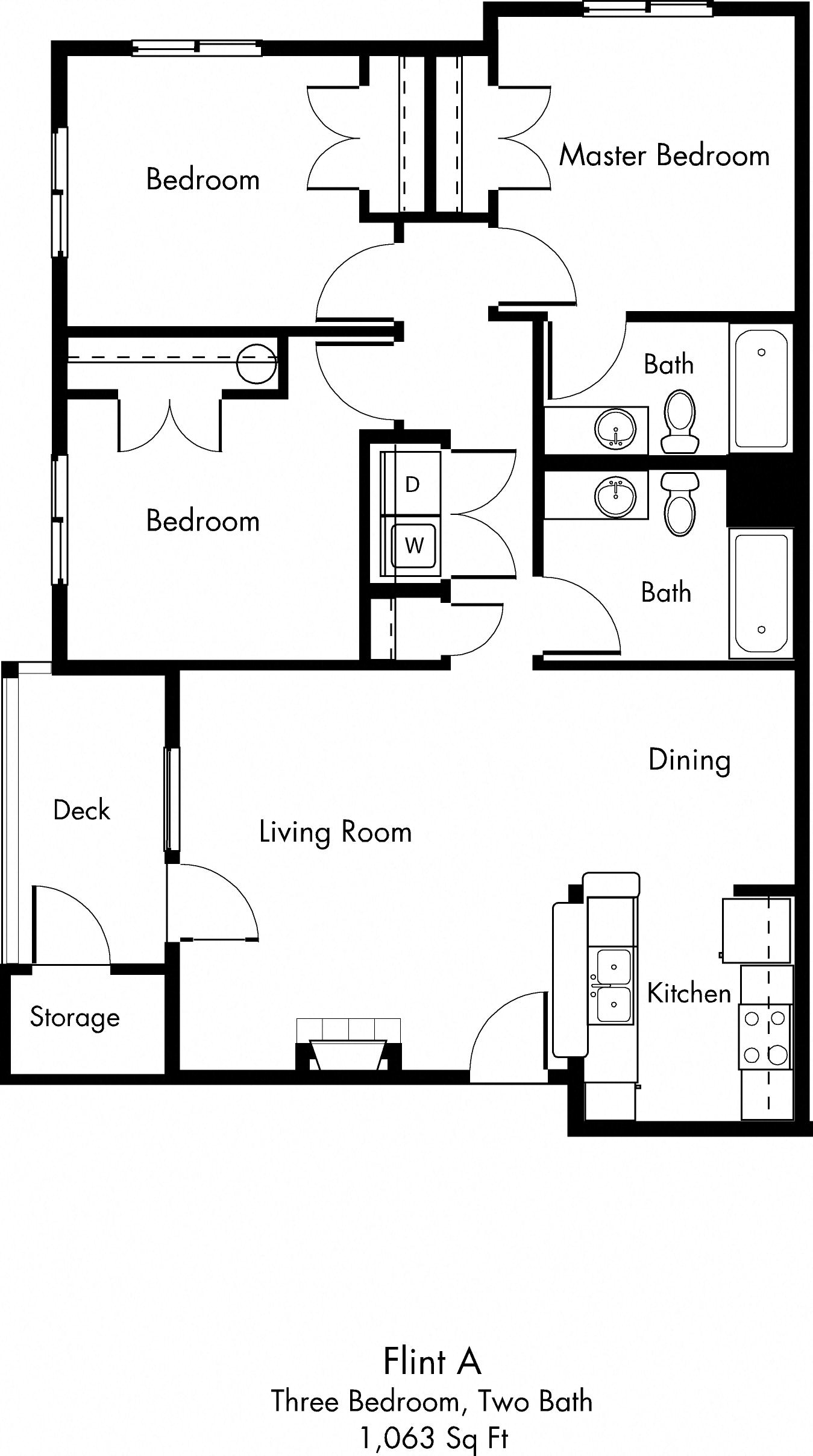 Floor plan for 3 beds, 2 baths, 1063 sqft